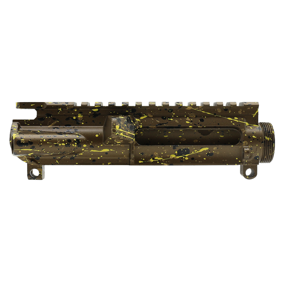 Cerakote Splatter | AR-15 Mil-Spec Upper Receiver - Base Burnt Bronze - Pattern - Gold - Black - Lemon Zest - Made in U.S.A Cerakote Splatter | AR-15 Mil-Spec Upper Receiver - Base Burnt Bronze - Pattern - Gold - Black - Lemon Zest - Made in U.S.A