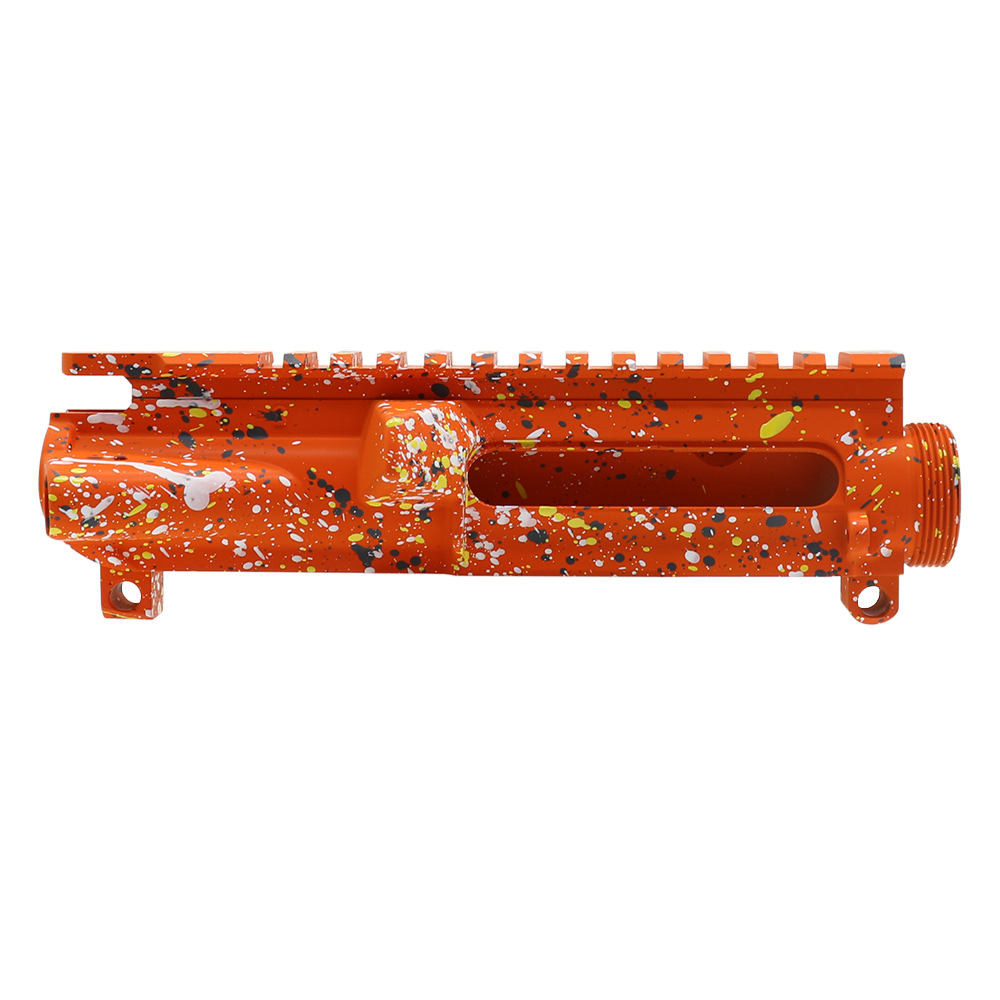 Cerakote Splatter | AR-15 Mil-Spec Upper Receiver - Base Hunter Orange - Pattern - Sniper Gray - Bright White - Lemon Zest - Made in U.S.A Cerakote Splatter | AR-15 Mil-Spec Upper Receiver - Base Hunter Orange - Pattern - Sniper Gray - Bright White - Lemon Zest - Made in U.S.A