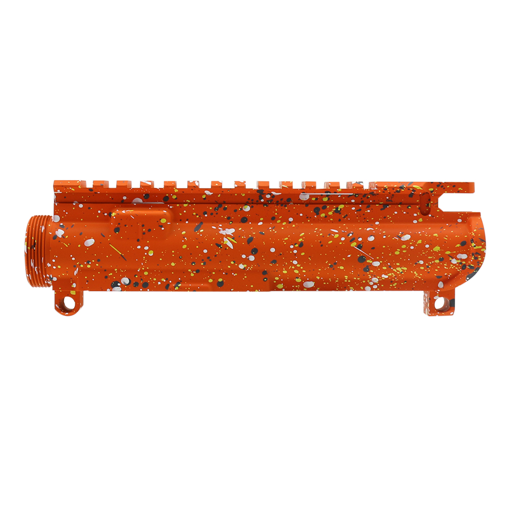 Cerakote Splatter | AR-15 Mil-Spec Upper Receiver - Base Hunter Orange - Pattern - Sniper Gray - Bright White - Lemon Zest - Made in U.S.A Cerakote Splatter | AR-15 Mil-Spec Upper Receiver - Base Hunter Orange - Pattern - Sniper Gray - Bright White - Lemon Zest - Made in U.S.A