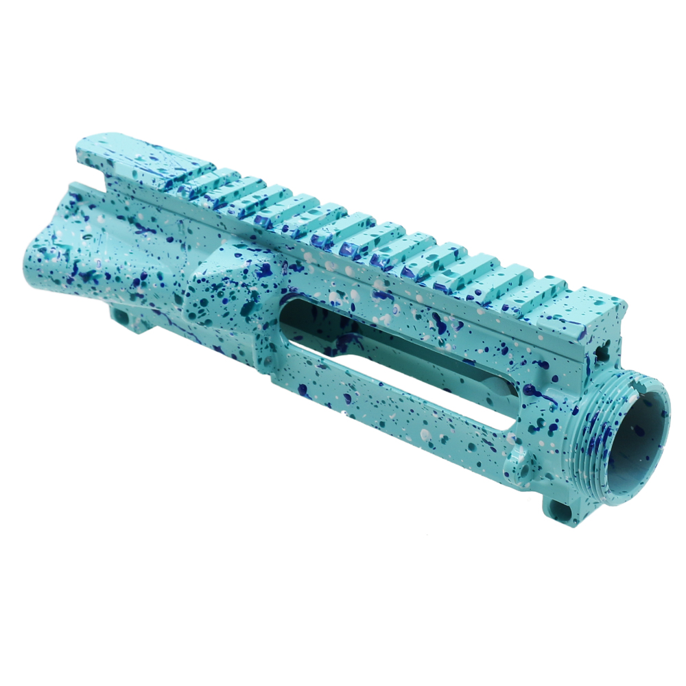 Cerakote Splatter | AR-15 Mil-Spec Upper Receiver - Base Robins Egg - Pattern - Aqua Teal - Bright White - Blue Flame - Made in U.S.A