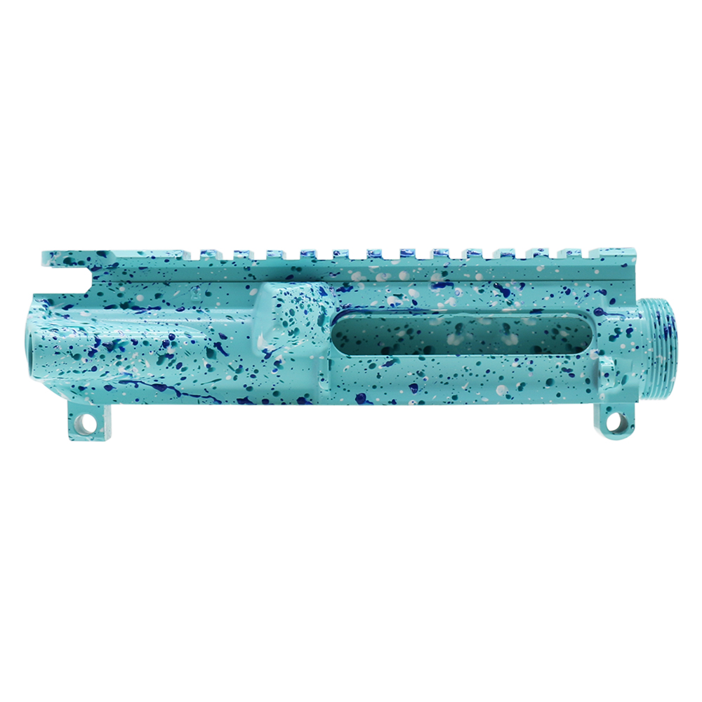 Cerakote Splatter | AR-15 Mil-Spec Upper Receiver - Base Robins Egg - Pattern - Aqua Teal - Bright White - Blue Flame - Made in U.S.A Cerakote Splatter | AR-15 Mil-Spec Upper Receiver - Base Robins Egg - Pattern - Aqua Teal - Bright White - Blue Flame - Made in U.S.A