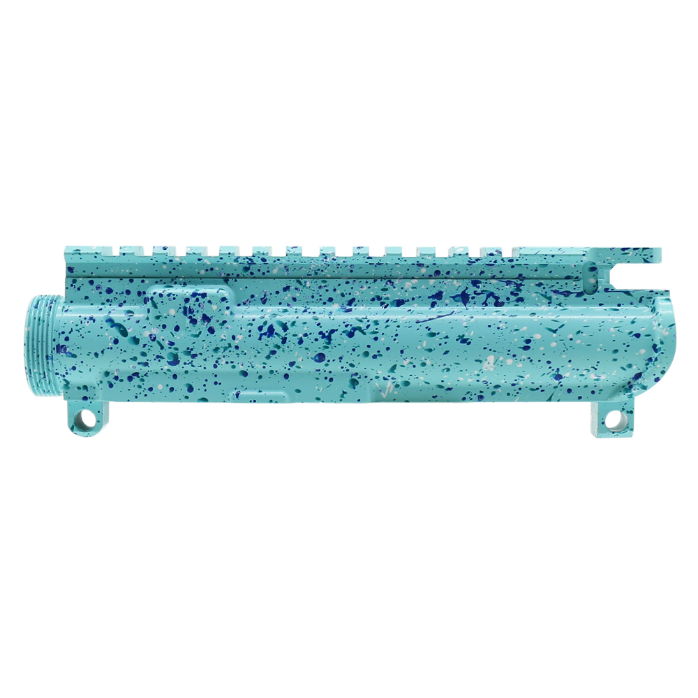Cerakote Splatter | AR-15 Mil-Spec Upper Receiver - Base Robins Egg - Pattern - Aqua Teal - Bright White - Blue Flame - Made in U.S.A Cerakote Splatter | AR-15 Mil-Spec Upper Receiver - Base Robins Egg - Pattern - Aqua Teal - Bright White - Blue Flame - Made in U.S.A