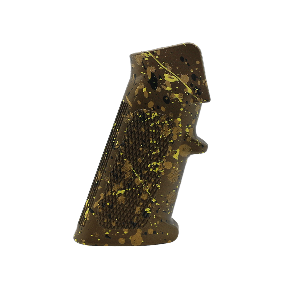 CERAKOTE SPLATTER | AR STANDARD A2 PISTOL GRIP - BASE BURNT BRONZE - PATTERN - GOLD - BLACK - LEMON ZEST CERAKOTE SPLATTER | AR STANDARD A2 PISTOL GRIP - BASE BURNT BRONZE - PATTERN - GOLD - BLACK - LEMON ZEST