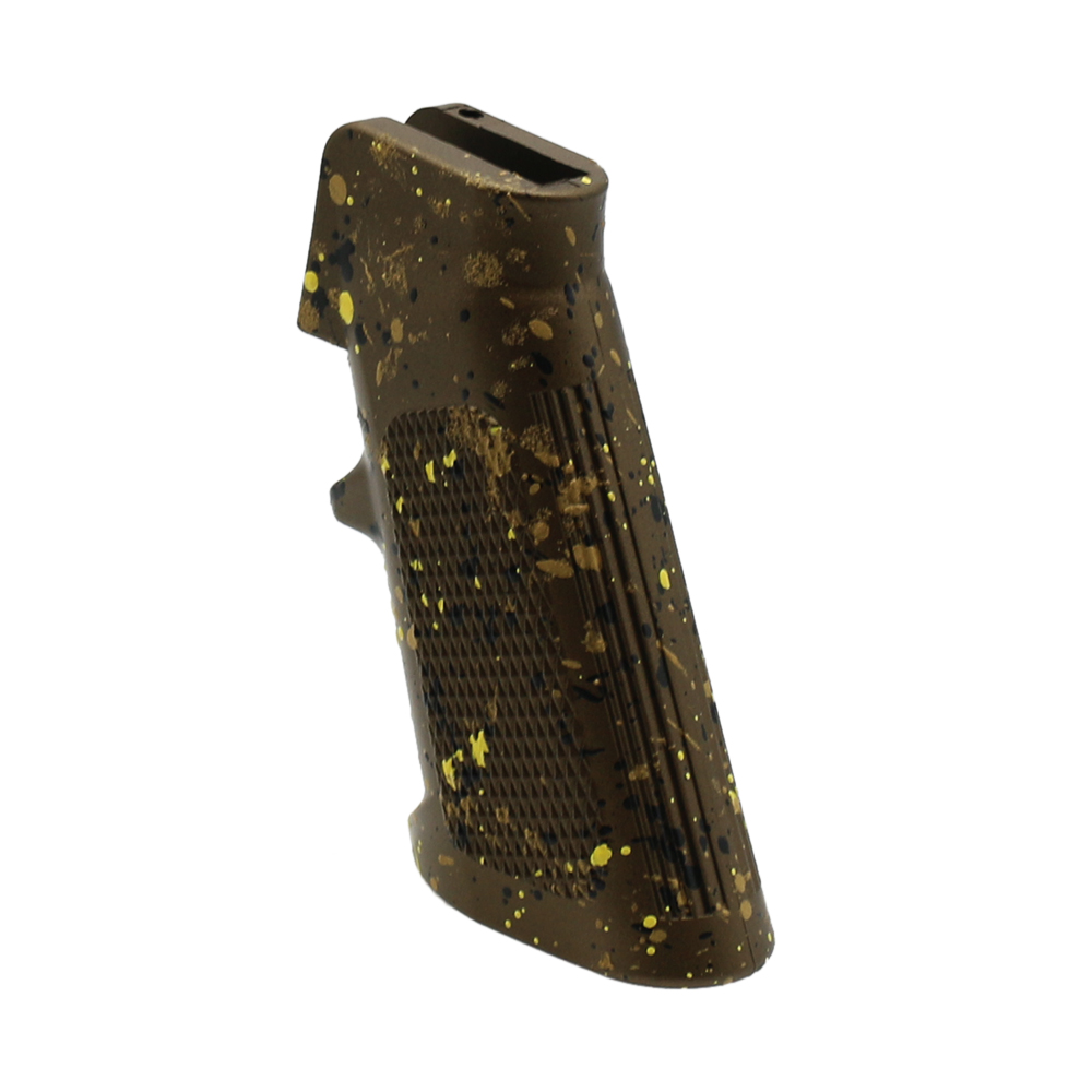 CERAKOTE SPLATTER | AR STANDARD A2 PISTOL GRIP - BASE BURNT BRONZE - PATTERN - GOLD - BLACK - LEMON ZEST CERAKOTE SPLATTER | AR STANDARD A2 PISTOL GRIP - BASE BURNT BRONZE - PATTERN - GOLD - BLACK - LEMON ZEST