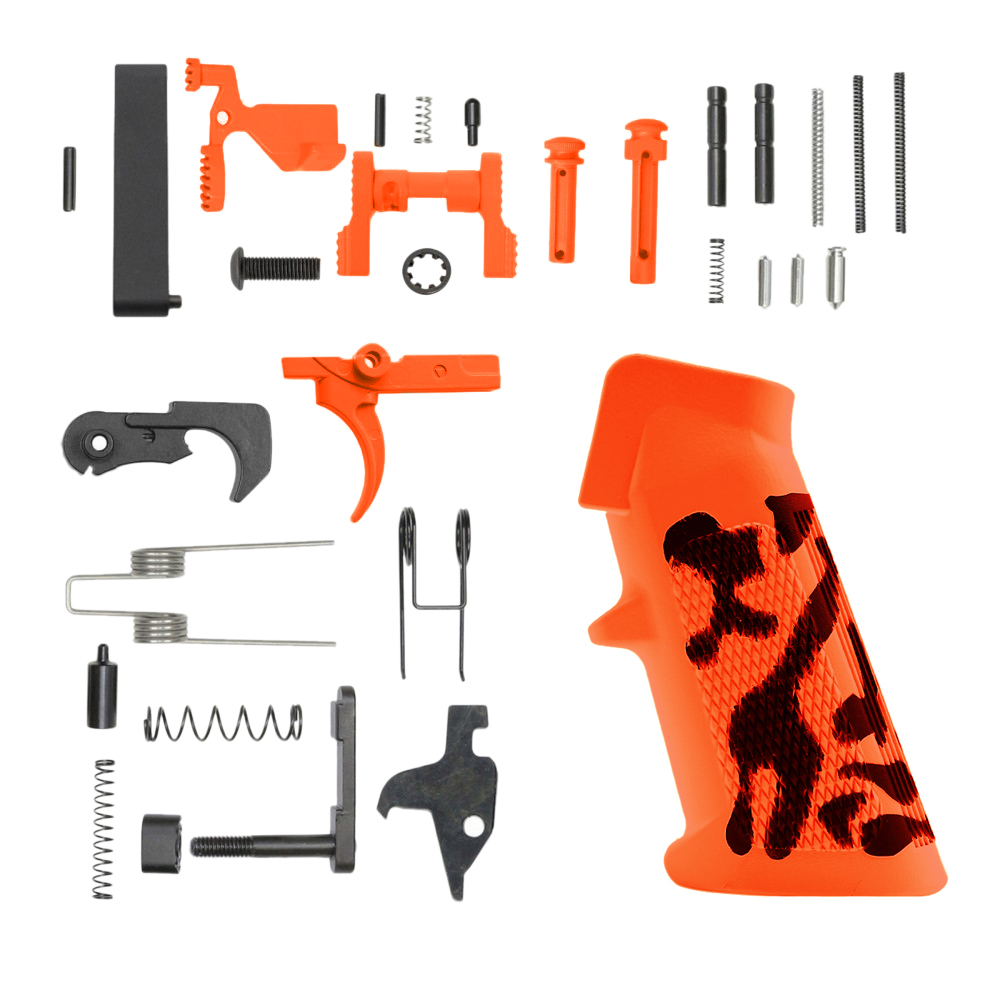 AR-15 Lower Parts Kit w/ Cerakote Hunter Orange Camo Grip (SAFETY OPTION)