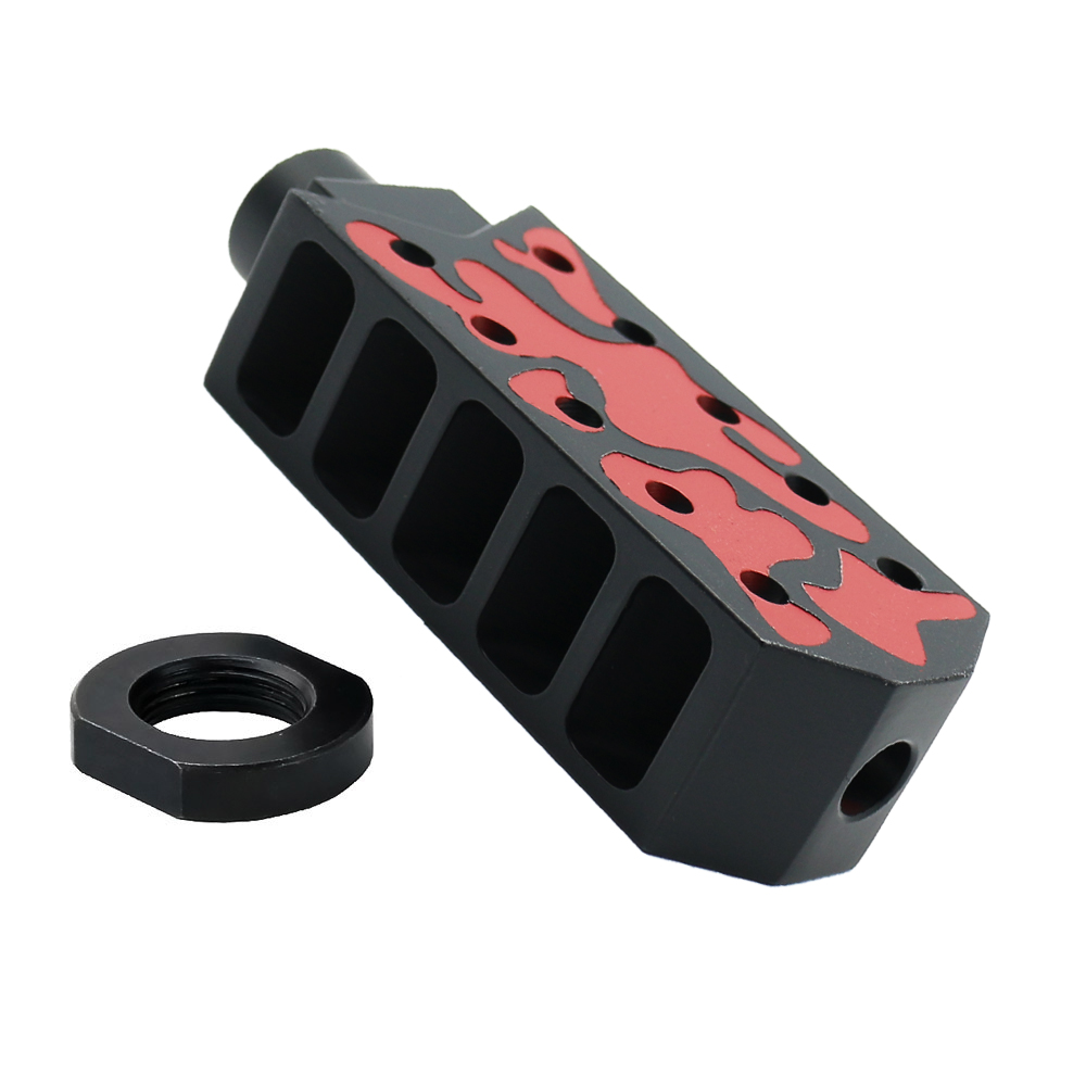 CERAKOTE CAMO| AR-15/.223/5.56 Barrett Style "Tanker" Extended Length Muzzle Brake with Jam Nut| Black and Red