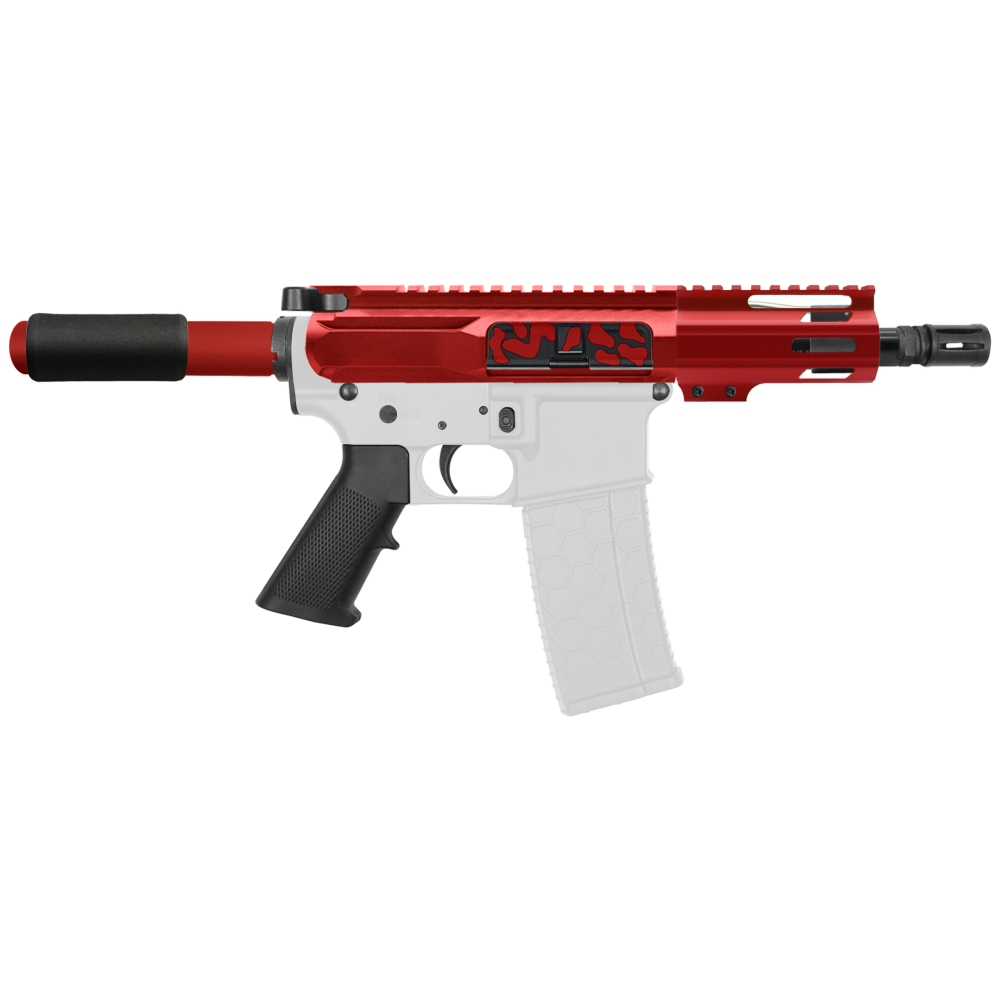AR-15 5.56 NATO 5'' PISTOL KIT -SIDE CUT BILLET UPPER WITH 4'' HANDGUARD - CERAKOTE CAMO RED AR-15 5.56 NATO 5'' PISTOL KIT -SIDE CUT BILLET UPPER WITH 4'' HANDGUARD - CERAKOTE CAMO RED